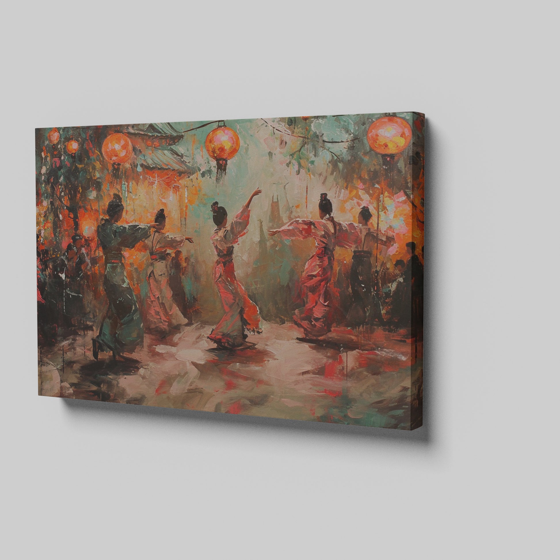 Framed canvas print of traditional dance scene with Chinese lanterns and vibrant abstract figures