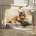 Framed canvas print of a long-haired cat with a watercolor effect in warm tones