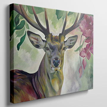 Framed canvas print of a vibrant stag with colourful floral surroundings