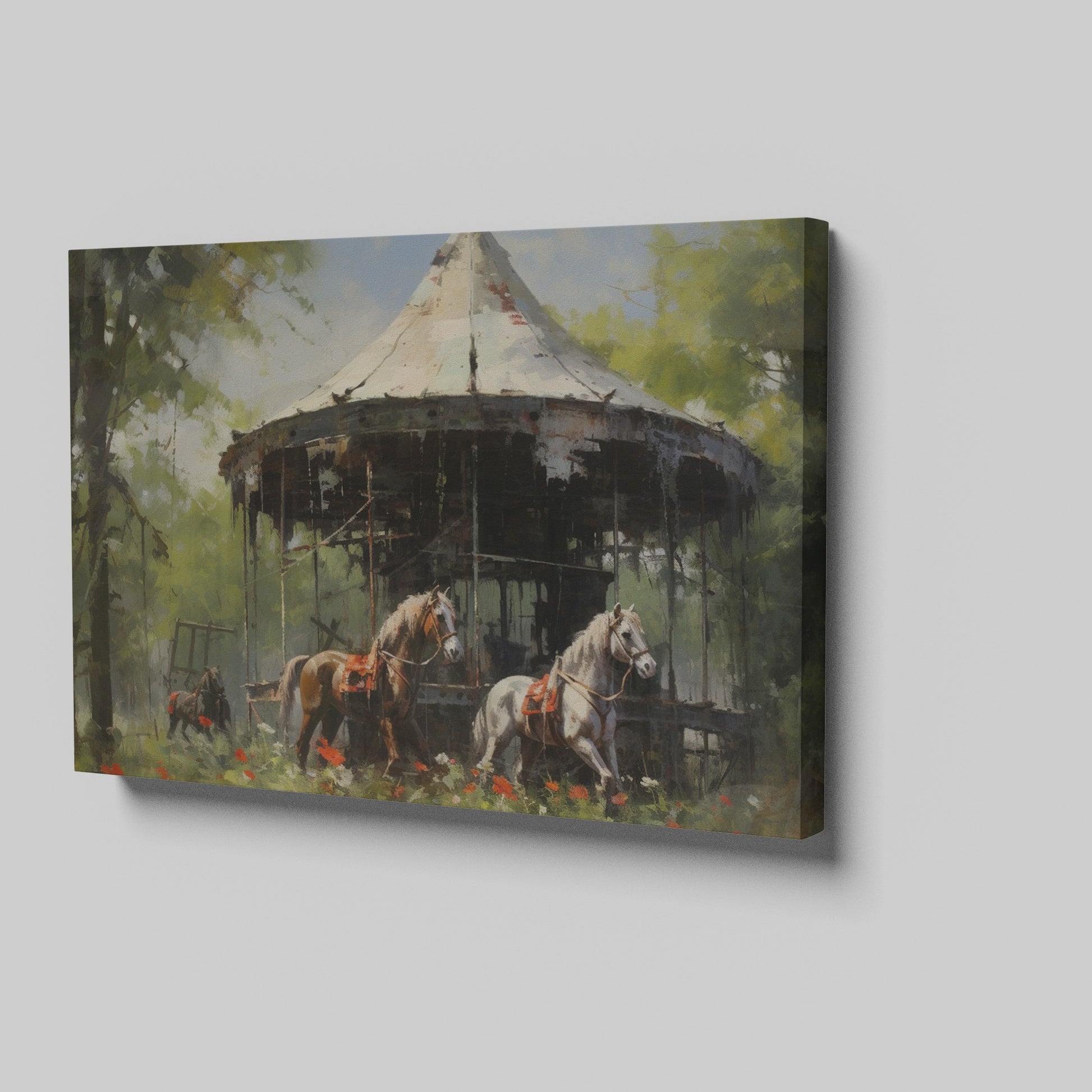 Framed canvas print of impressionist painting with rustic carousel, horses amidst poppies in countryside.