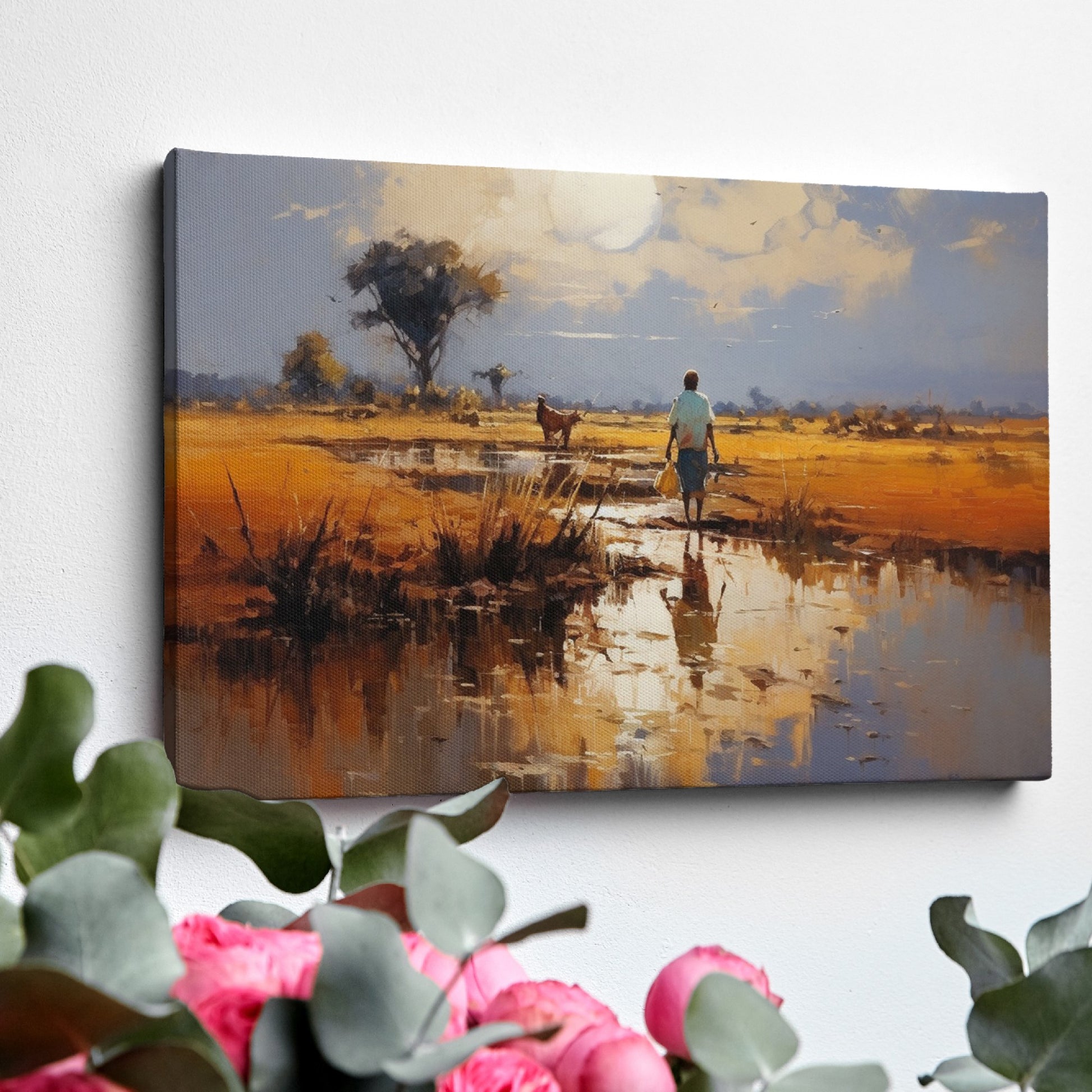 Framed canvas print of a tranquil African savannah landscape with warm sunset and water reflections