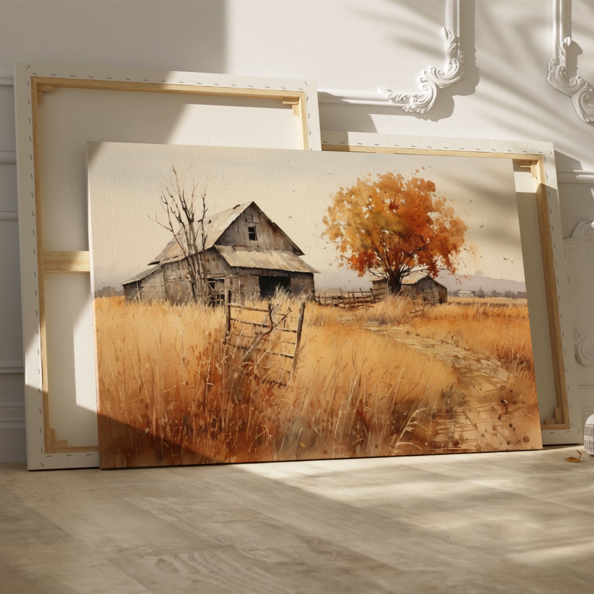 Framed canvas print of a rustic barn in autumn with golden fields and a leafy tree