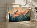 Framed canvas print of a serene watercolour mountain landscape with sunset hues