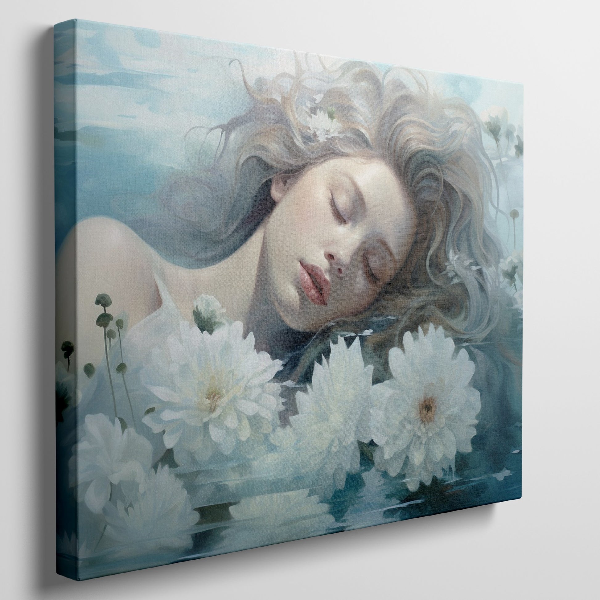 Framed canvas print of a dreamy, ethereal portrait with flowers and water reflections