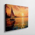 Framed canvas print of an impressionist sailboat against a vivid sunset