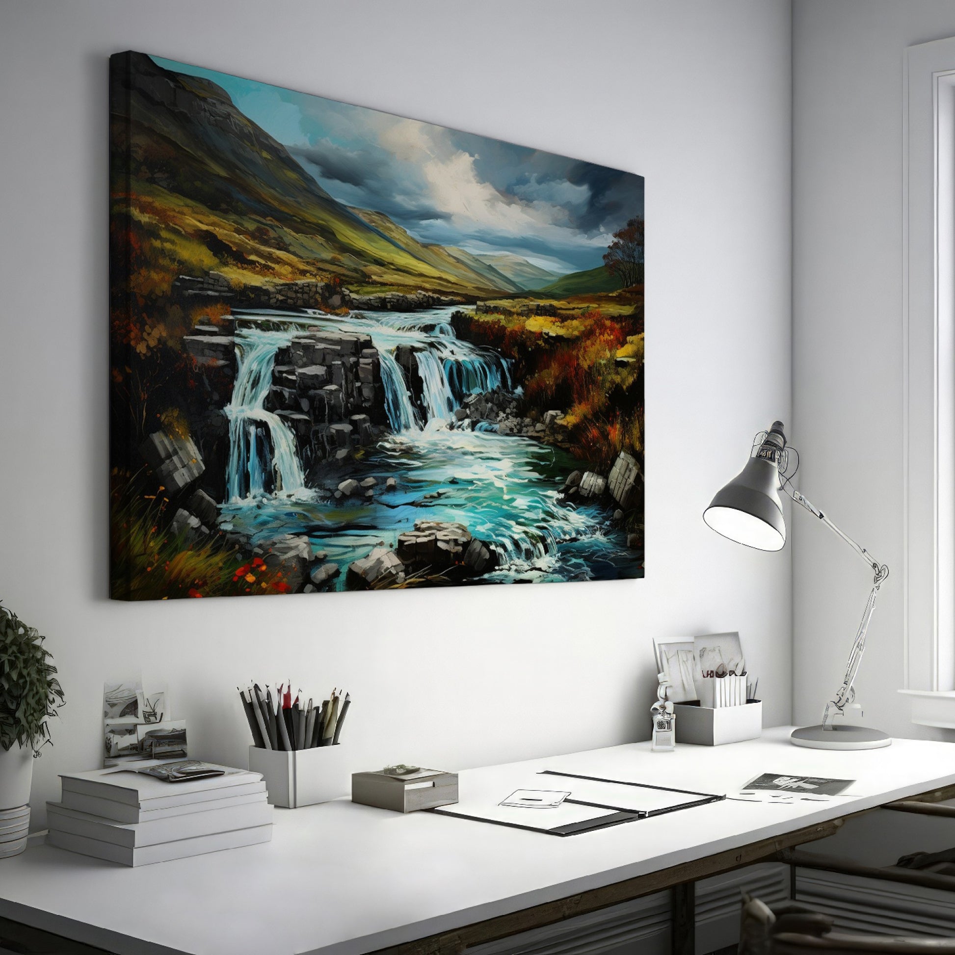 Framed canvas print of an autumnal waterfall landscape with vibrant colours and a dynamic sky