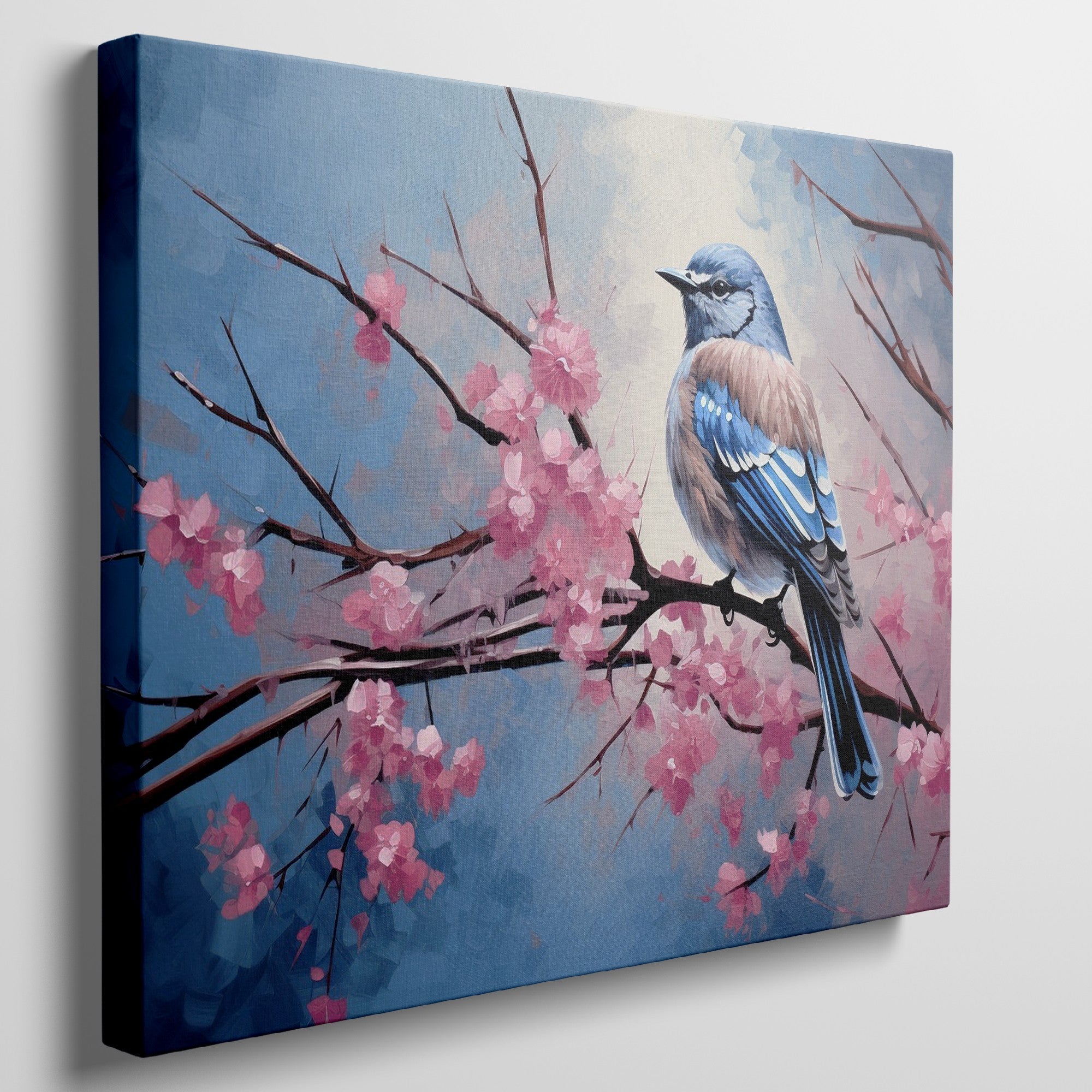 Framed canvas print of a bluebird perched on cherry blossom branches, with vibrant blue and pink hues