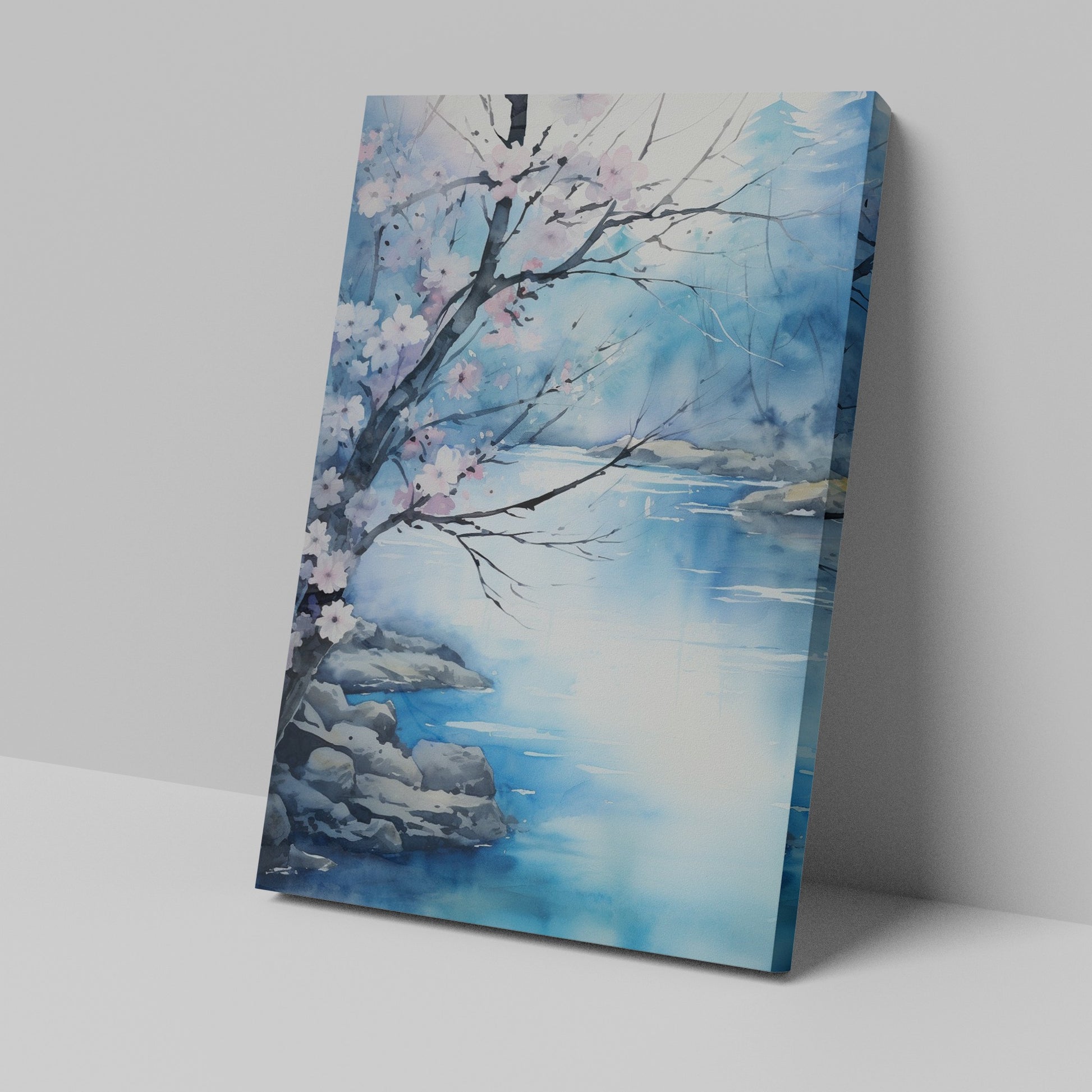 Framed canvas print of a serene watercolour landscape with cherry blossom and tranquil river