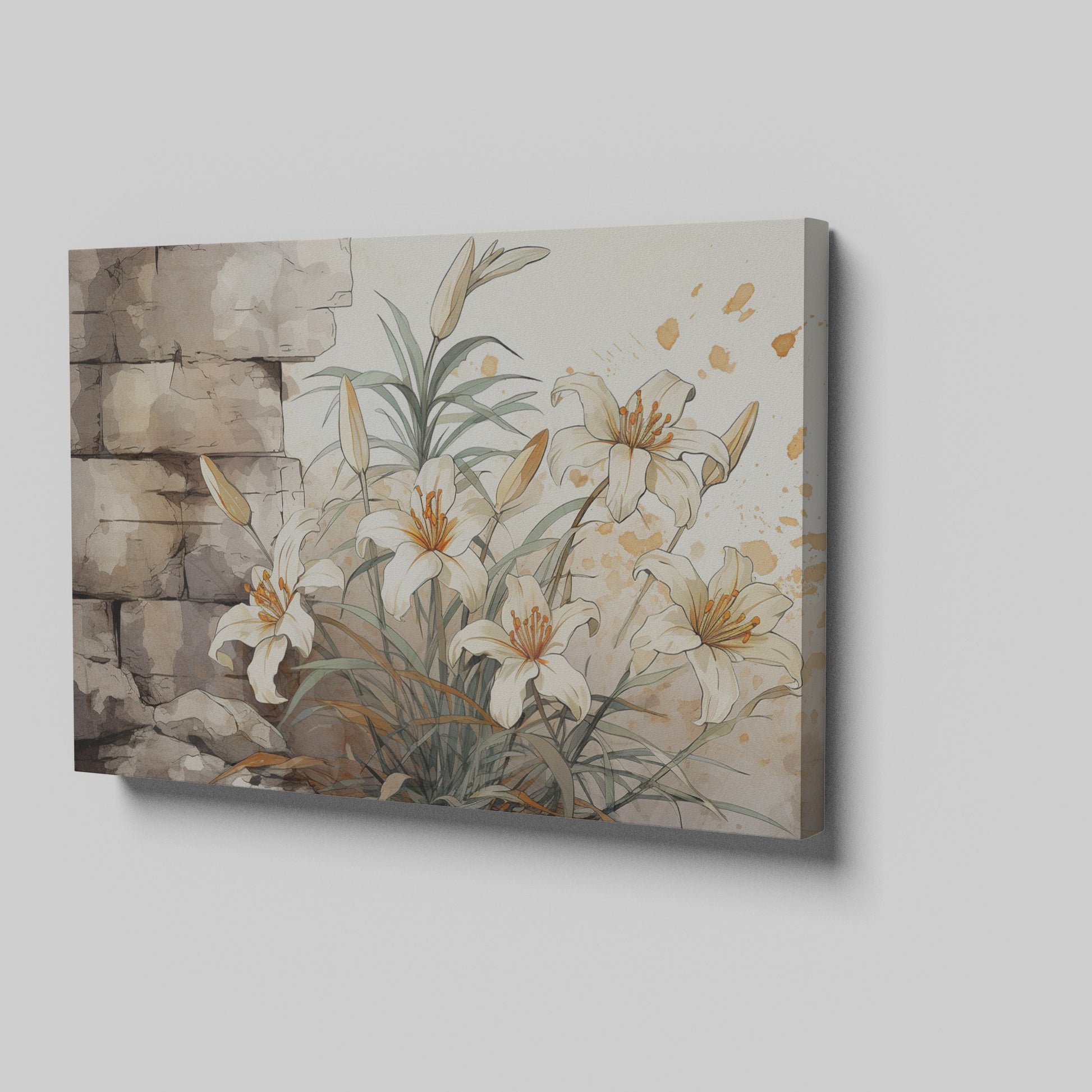 Framed canvas print of elegant white lilies with a rustic textured background in warm earthy tones