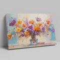 Framed canvas print of lively impressionist floral bouquet with vibrant purples, oranges, and yellows