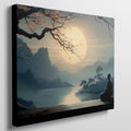 Framed canvas print of a tranquil Zen moment with a silhouette against an Oriental landscape at sunrise