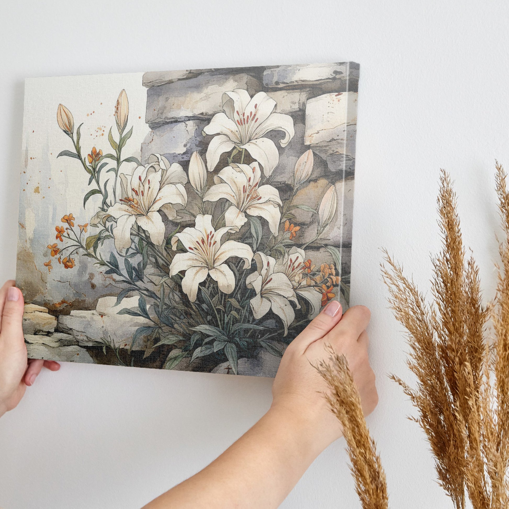 Framed canvas print of elegant white lilies with orange flowers against a rustic stone background, in watercolour style