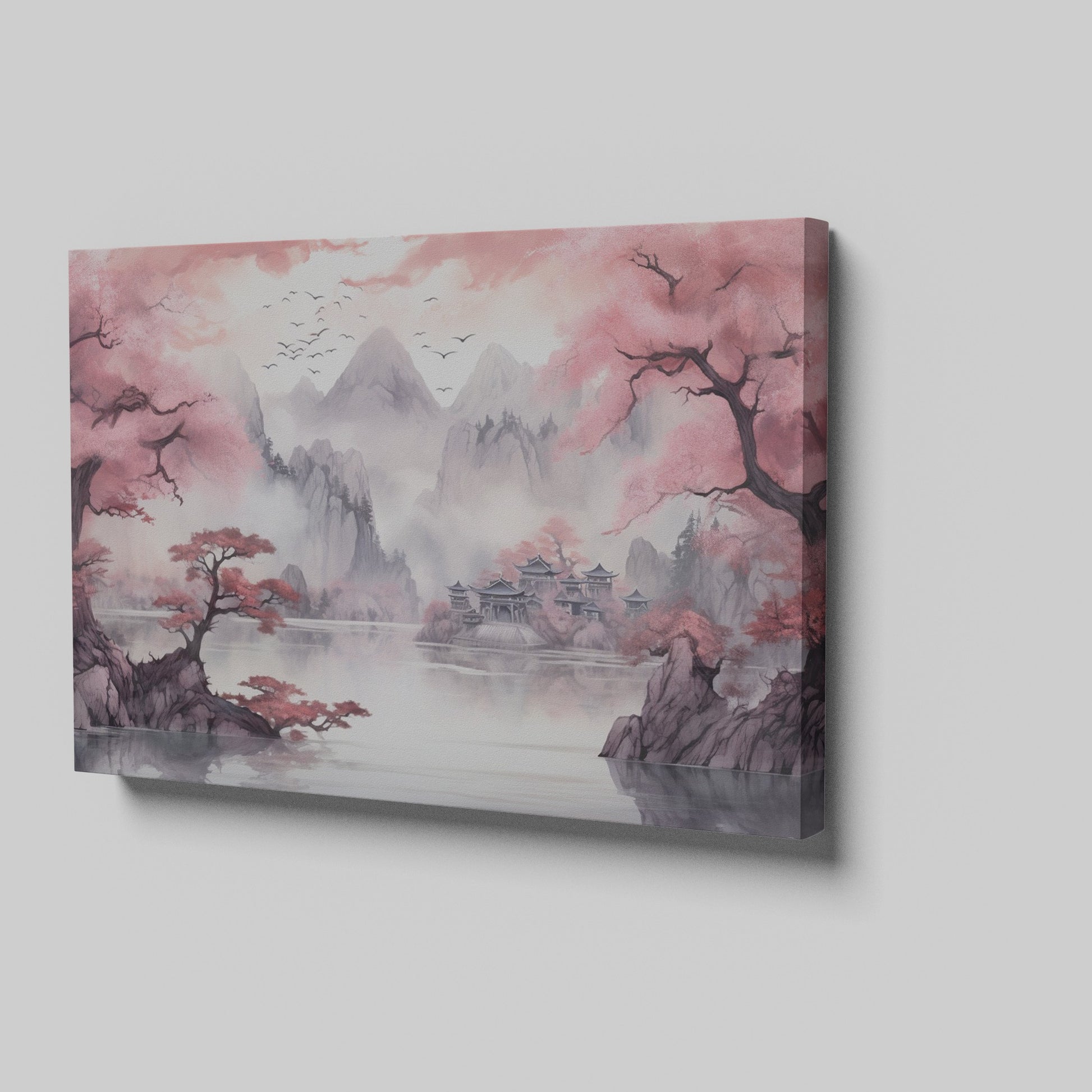 Framed canvas print of Asian landscape with cherry blossoms and misty mountains