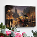 Framed canvas print of a vintage tram travelling through a city with majestic cathedral and warm evening lights reflected on wet streets