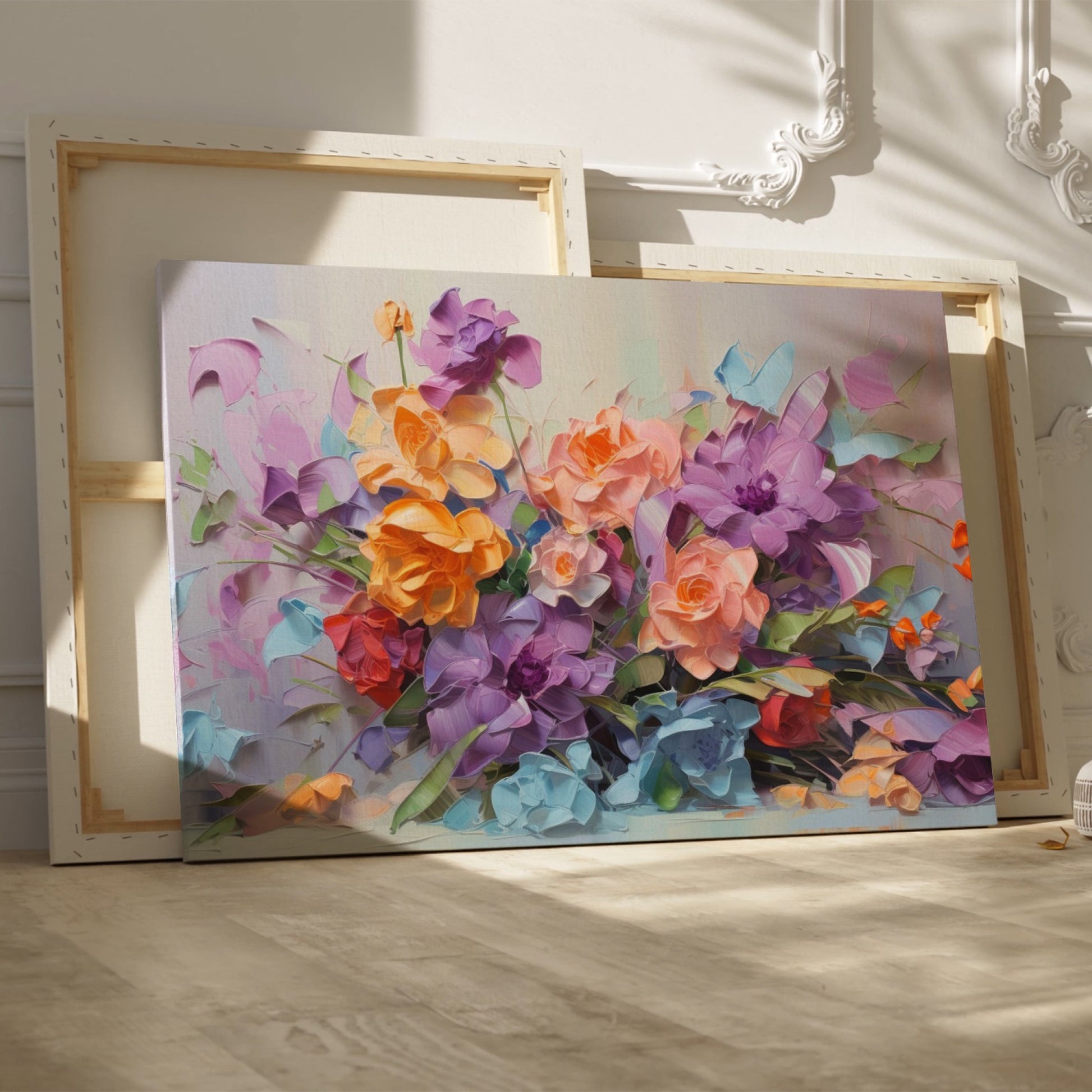 Framed canvas print of vibrant painted flowers, impressionist style with colourful bouquet