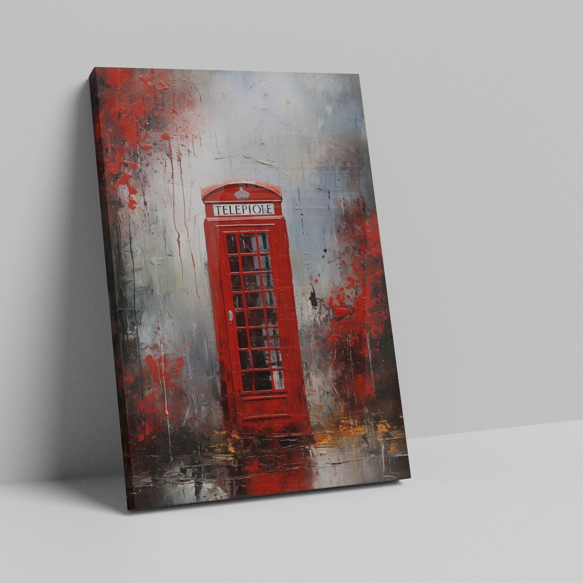 Framed canvas print of a London red telephone box with abstract splatter textures in shades of red, grey, and black