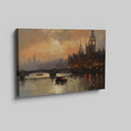 Framed canvas print of London's Westminster and Big Ben at sunset with orange and warm tones reflecting on the Thames River