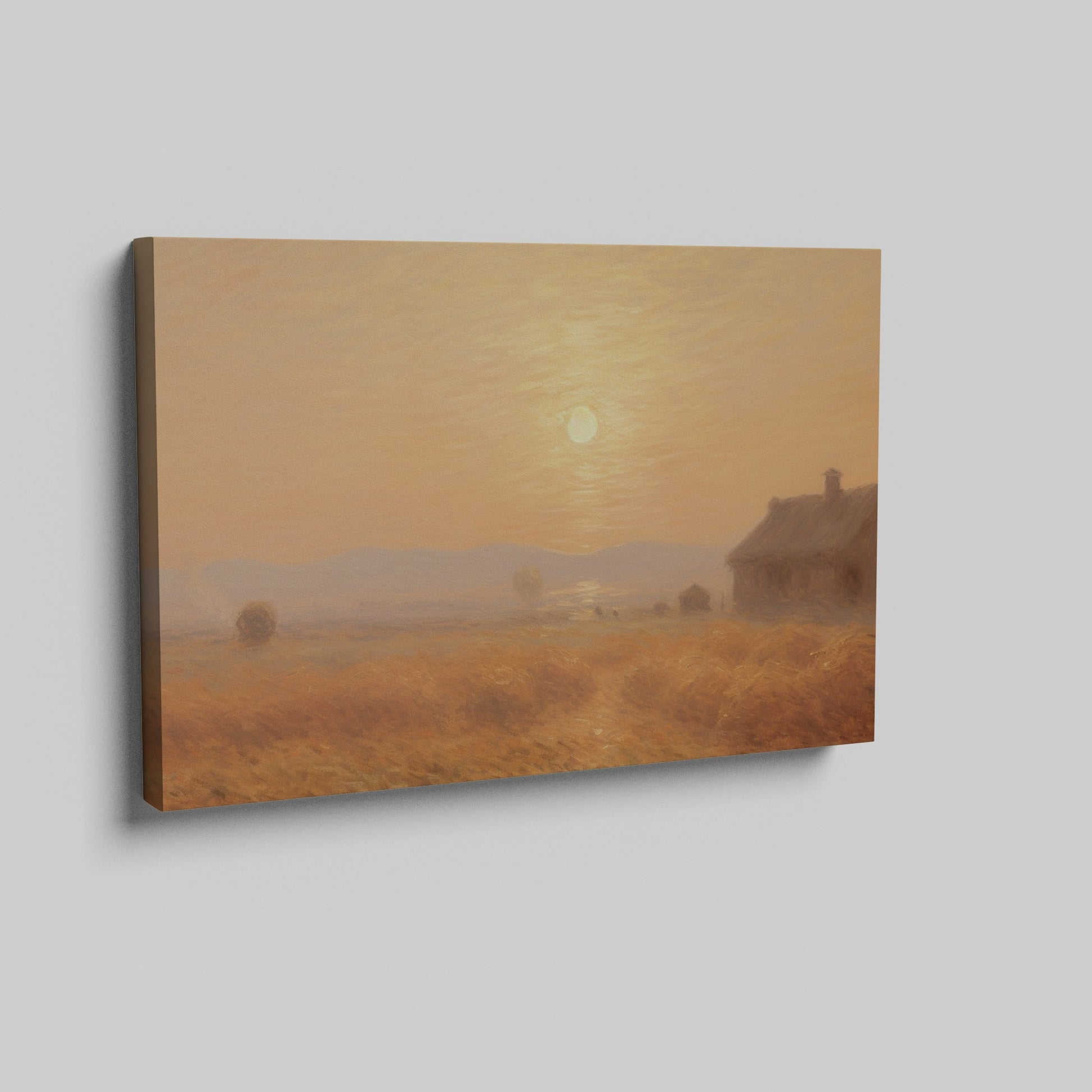 Framed canvas print of a misty, Impressionist-style sunset over a rustic countryside landscape with warm tones