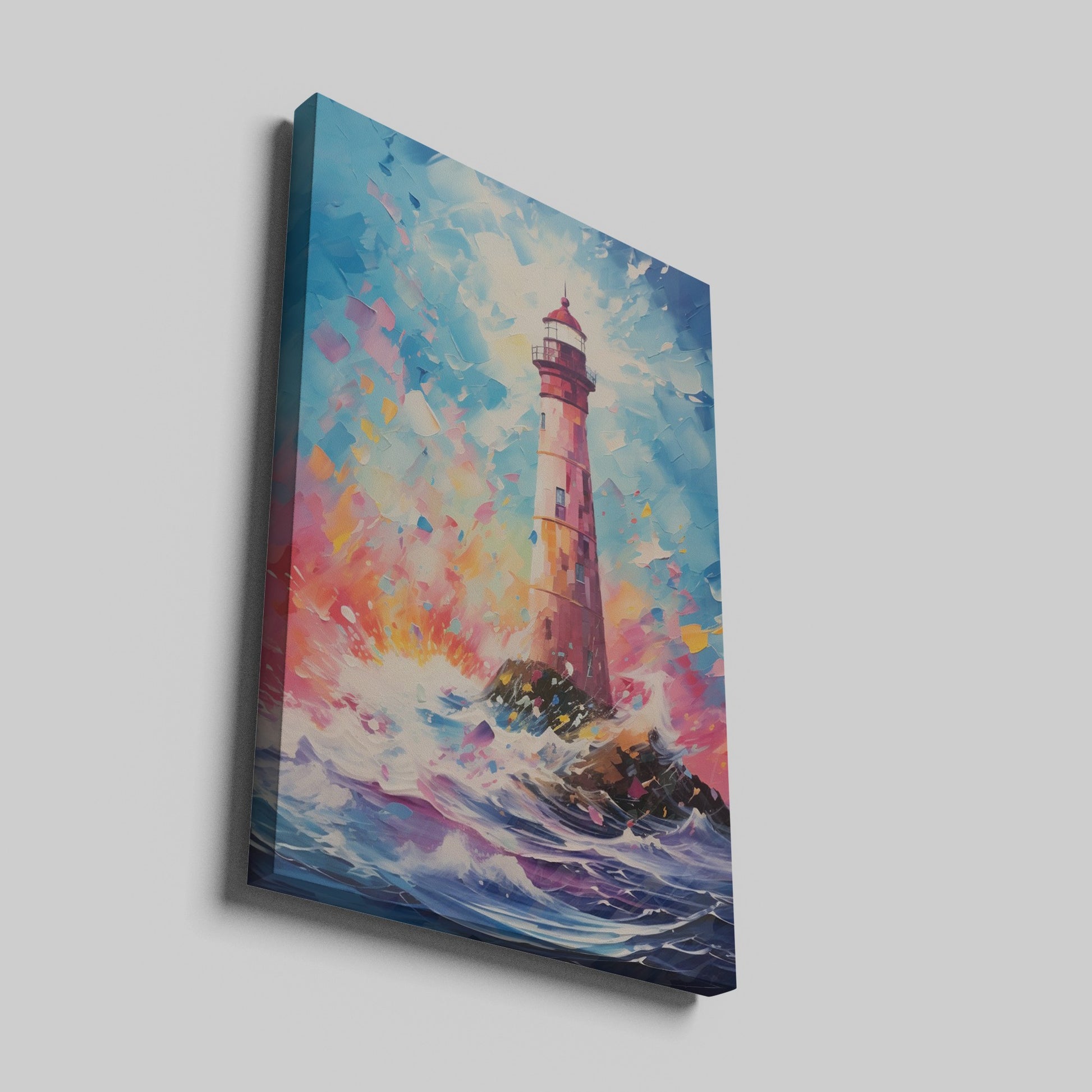 Framed canvas print of an abstract lighthouse and seascape with bold, vibrant colours