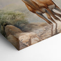 Framed canvas print of a realistic antelope in a misty forest setting with warm, earthy tones