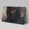 Framed canvas print of a mystic ninja warrior with an intense gaze and a shrouded dark veil.