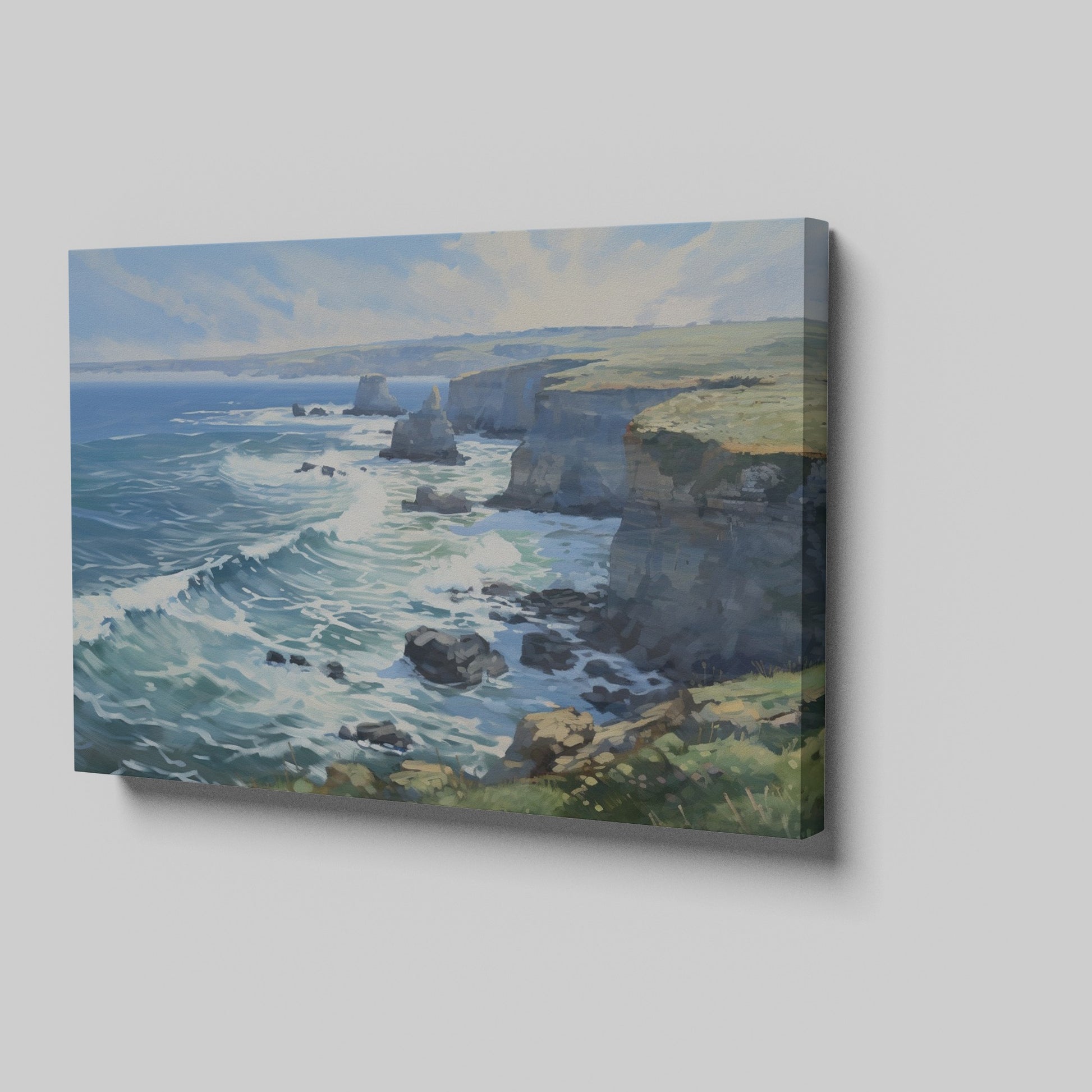 Framed canvas print of a coastal cliffside seascape with ocean waves and sunny skies