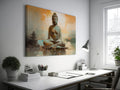 Framed canvas print of serene Buddha in meditation with warm earth tones and tranquil setting