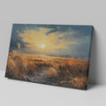 Framed canvas print of a rustic sunset with tall grasses and birds against a dramatic sky