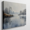 Framed canvas print of a misty river landscape with water reflections in cool tones