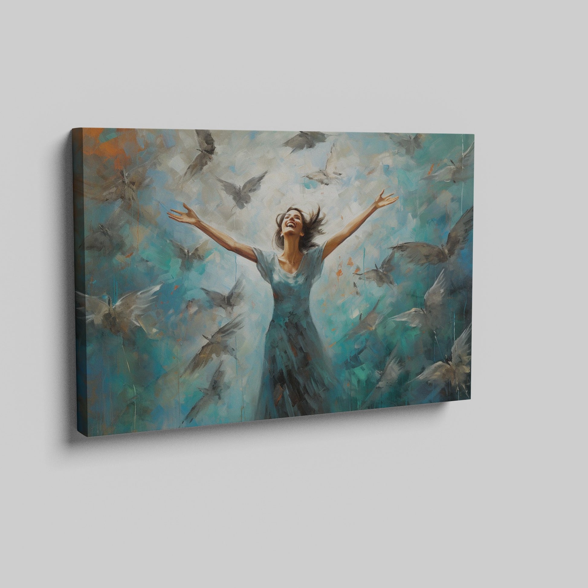 Framed canvas print of a woman joyfully embracing surrounded by impressionist styled birds