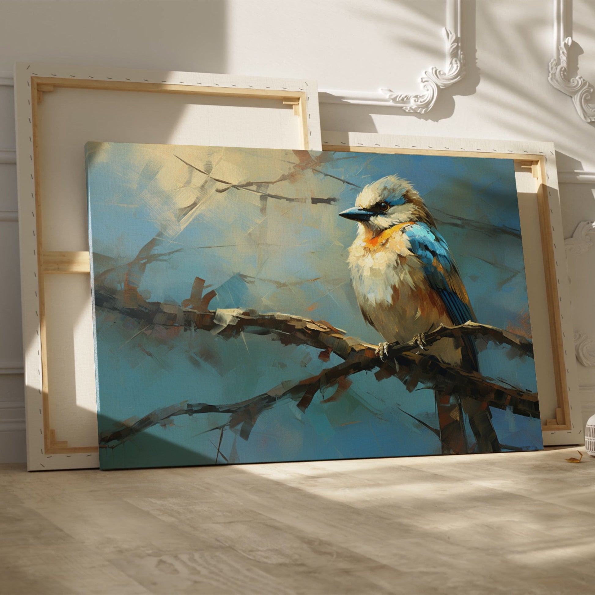 Framed canvas print of a vibrant impressionistic blue bird on a branch with a textured background