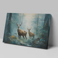 Framed canvas print of two majestic deer in a misty, sunlit forest