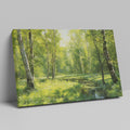 Framed canvas print of a lush forest scene with birch trees and a stream with sunlight filtering through green leaves