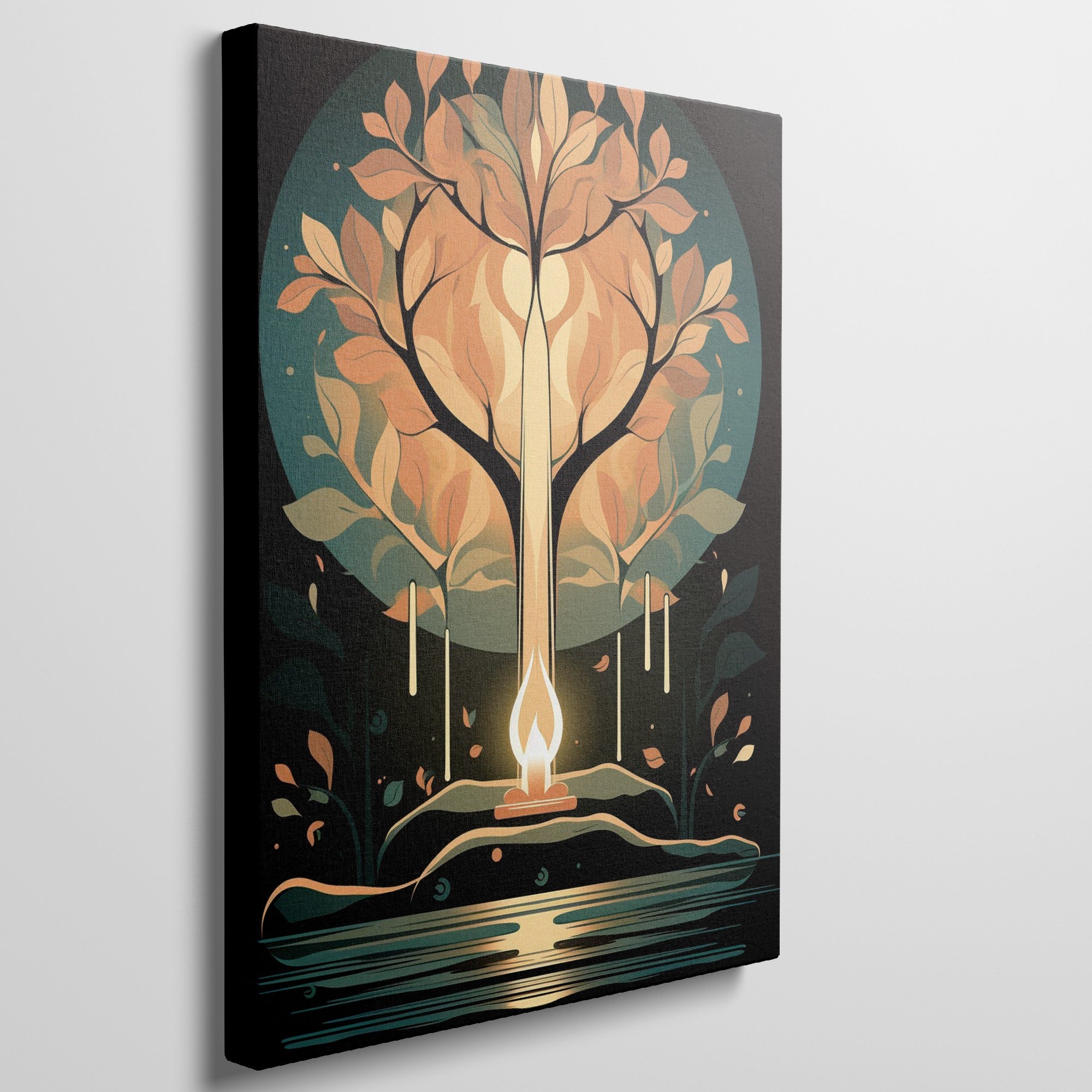 Stylized candle with a tree formation surrounded by autumn leaves against a dark background