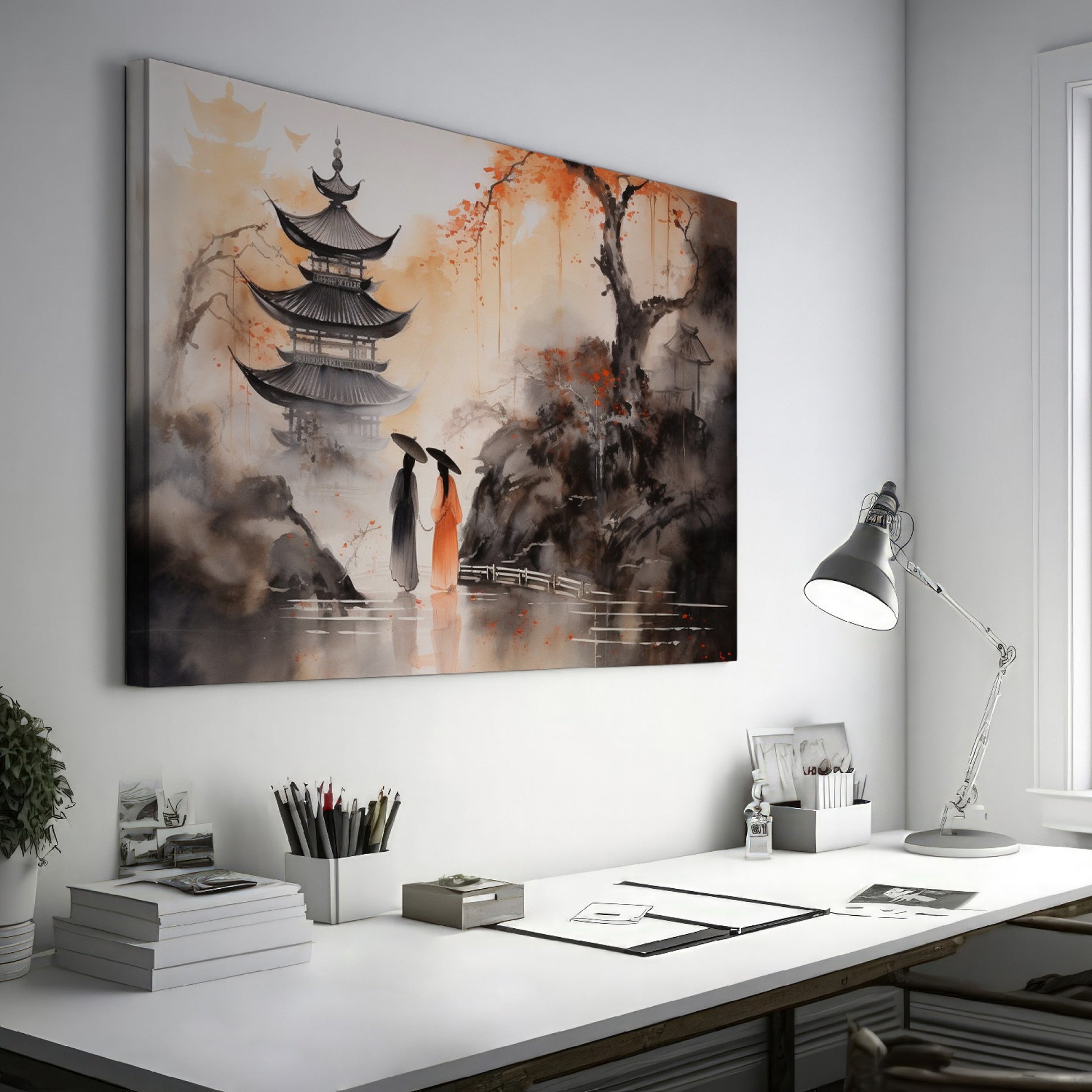 Framed canvas print of traditional Oriental scene with pagodas, cherry blossoms, and ink wash painting style