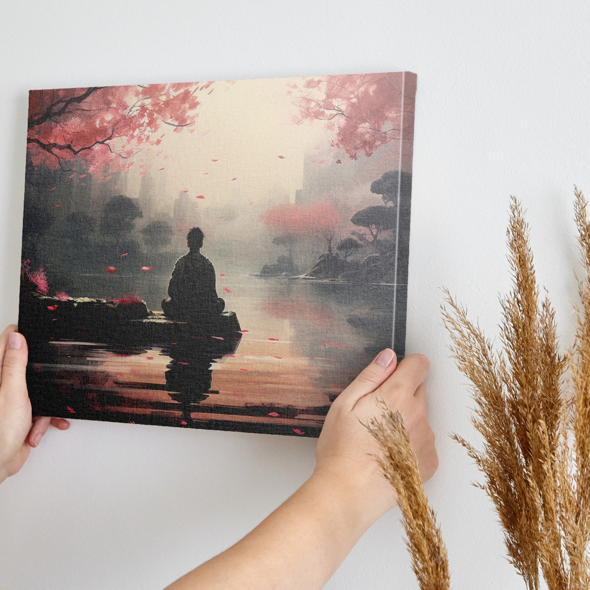 Framed canvas print of a serene digital painting with a figure sitting near water, reflecting cherry blossoms and a city silhouette