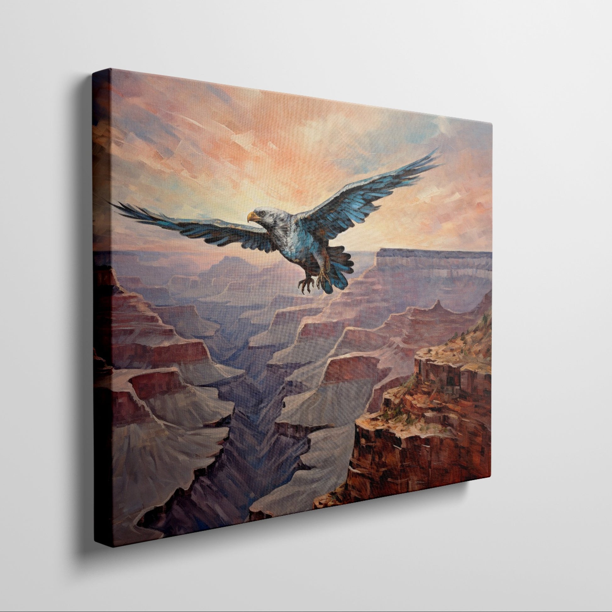 Framed canvas print of a majestic eagle flying over a dramatic canyon landscape at sunset