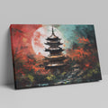 Framed canvas print of an oriental pagoda in crimson and teal colours with moonlit scenery