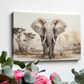 Framed canvas print of a realistic African elephant in a savannah landscape with acacia trees and soft beige tones