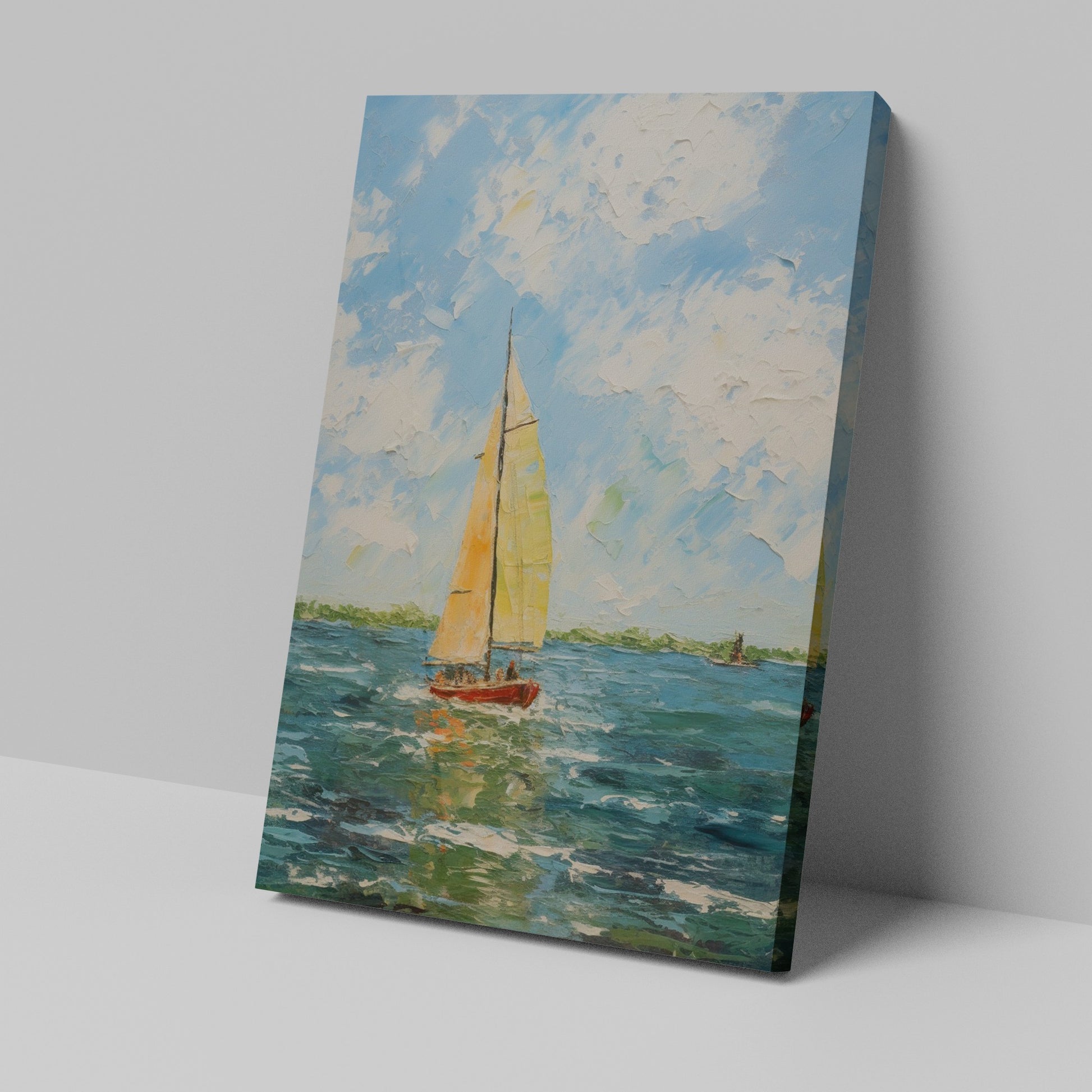 Framed canvas print of a textured impasto style painting featuring a sailboat with golden sails on the sea