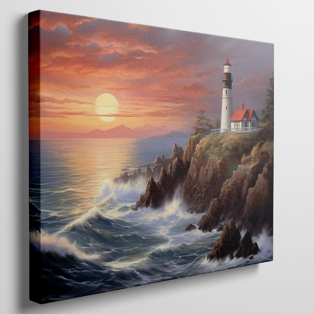 Lighthouse on a cliff during sunset with vibrant red and orange sky