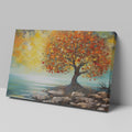 Impressionistic painting of a tree with golden autumn leaves by the coast on canvas