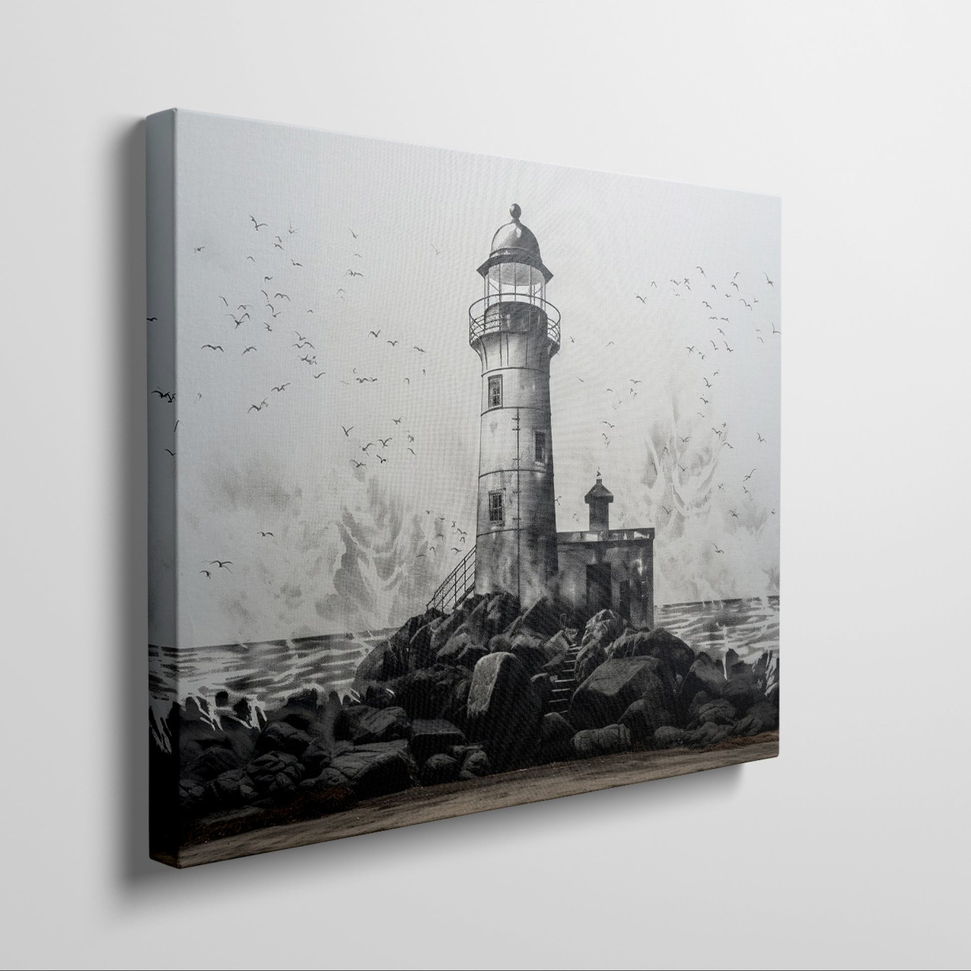 Framed canvas print of a monochrome lighthouse and seagulls on a rocky coastline