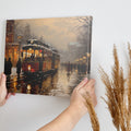 Framed canvas print of a vintage tram on snowy city street at twilight with glowing lamps