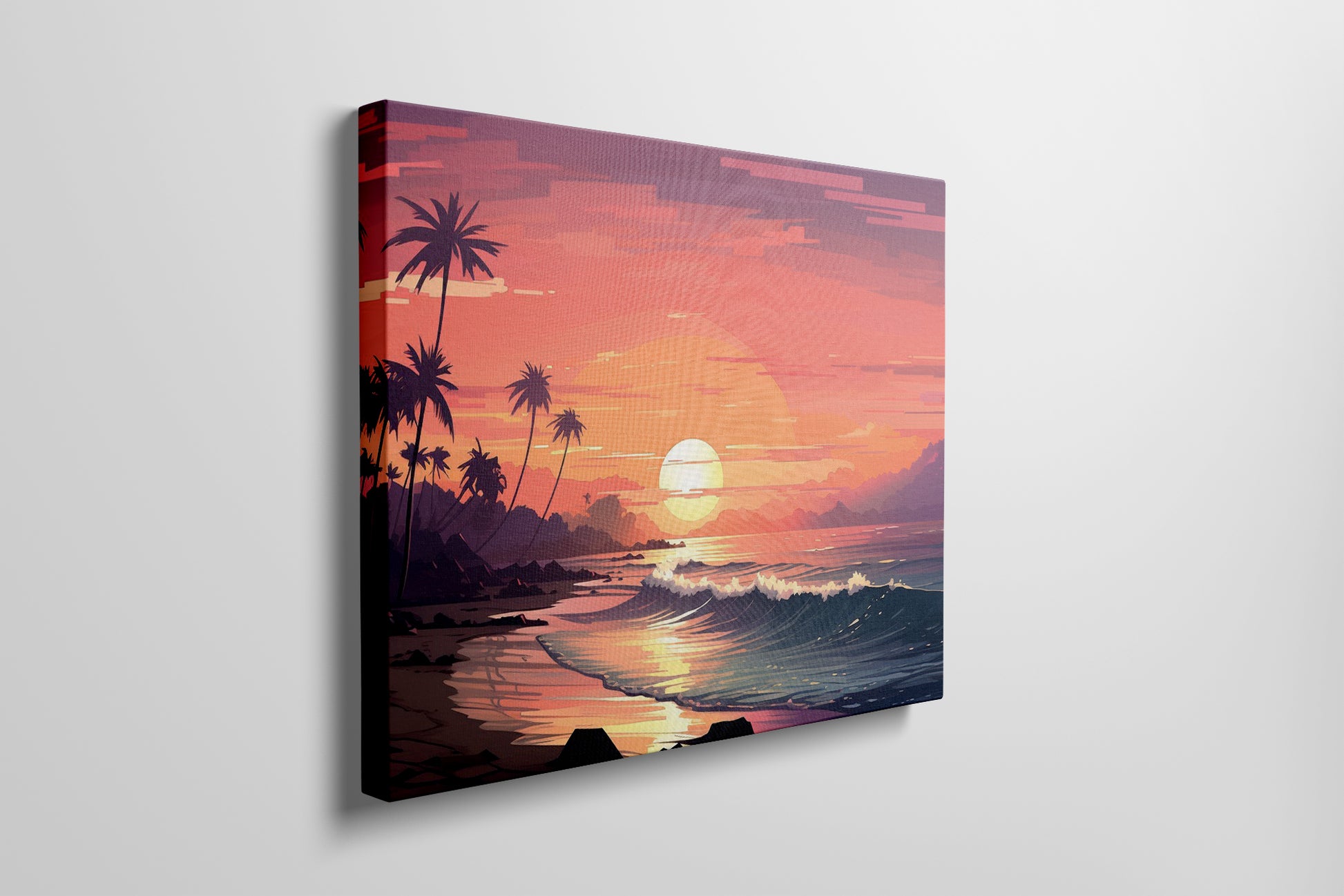 Framed canvas print of a digital tropical sunset with palm trees and ocean waves