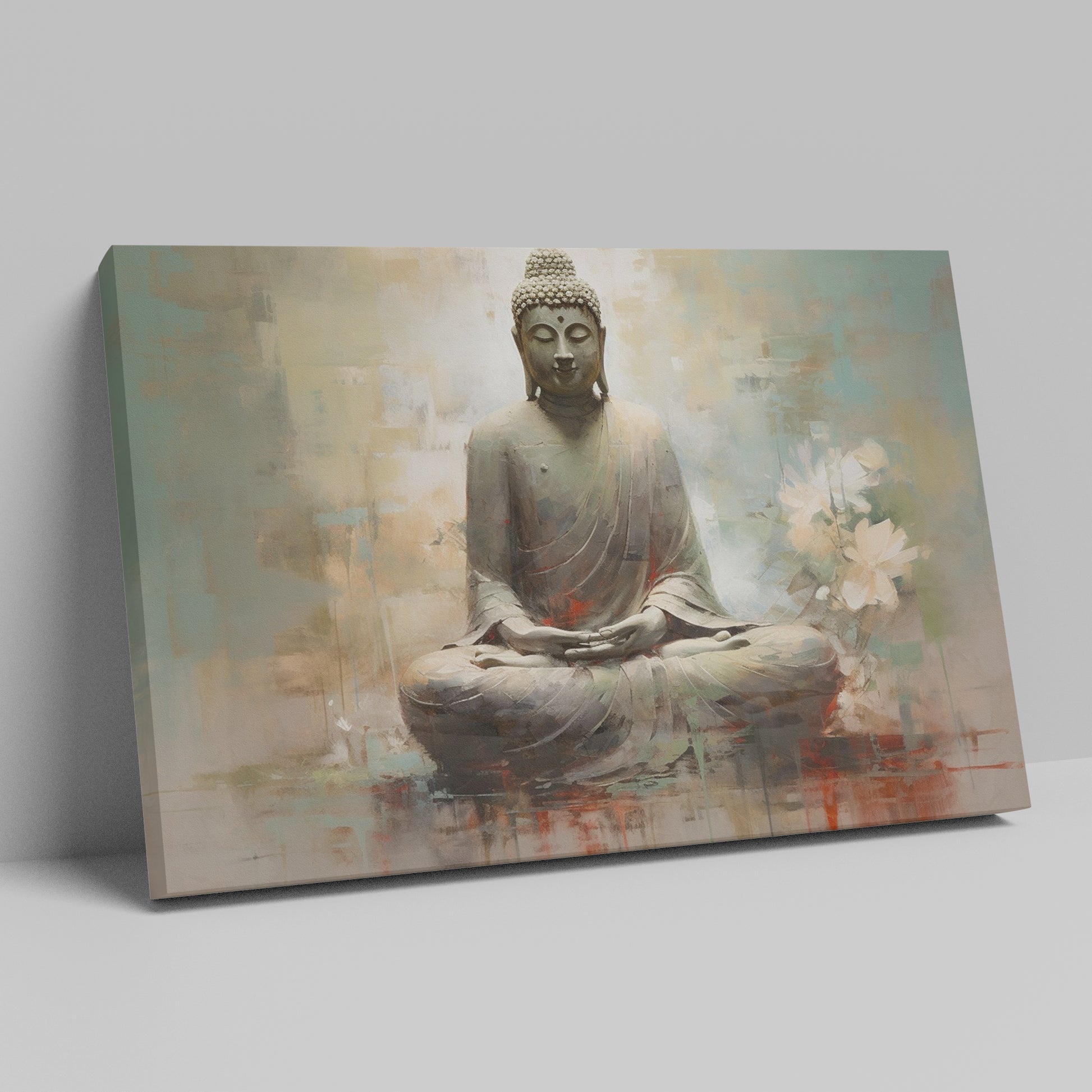 Framed canvas print of Buddha in meditation with abstract background and floral accents