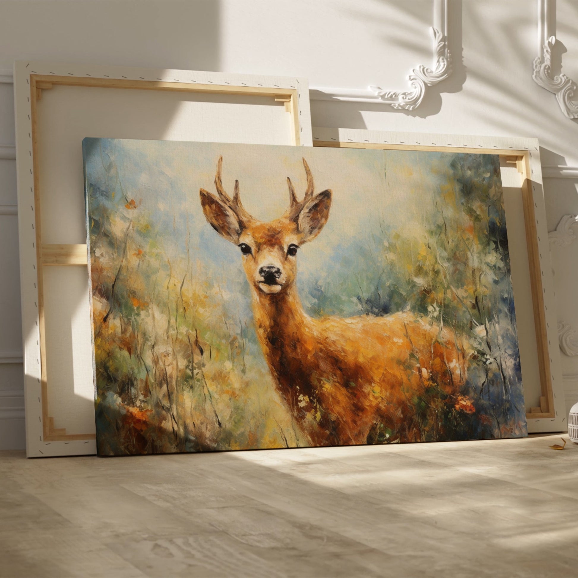 Framed canvas print of an impressionist painting of a deer with autumn colours