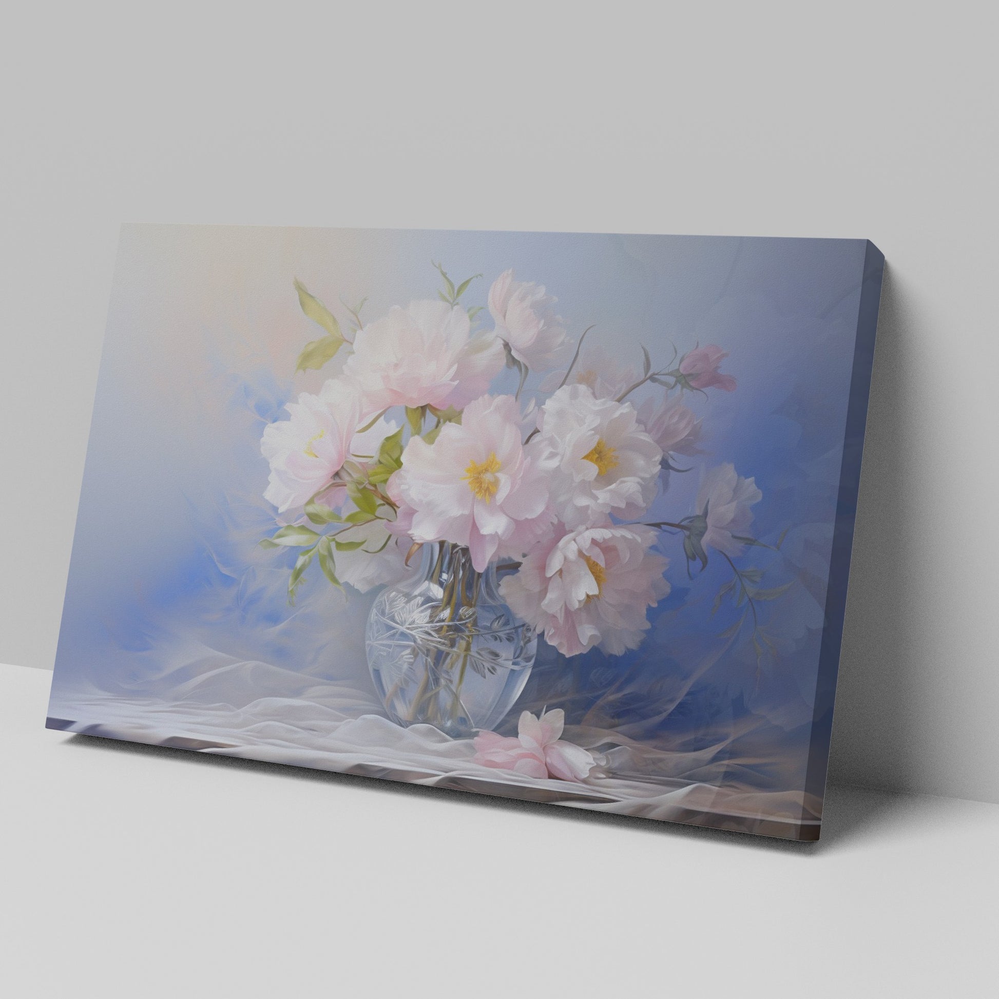 Framed canvas print of elegant pink peonies in an ornate glass vase portrayed with soft pastel colors