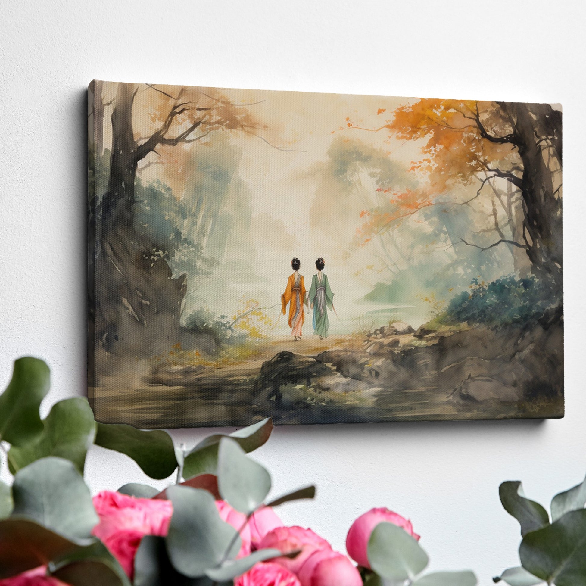 Watercolor painting of a couple walking in an autumnal Oriental landscape with misty background and vibrant foliage