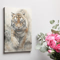 Framed canvas print of a fierce and majestic tiger in watercolour, highlighting the animal's intense gaze and striking details against a neutral backdrop.